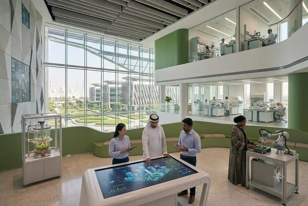 : Students and researchers working in a modern science and technology education facility in the UAE