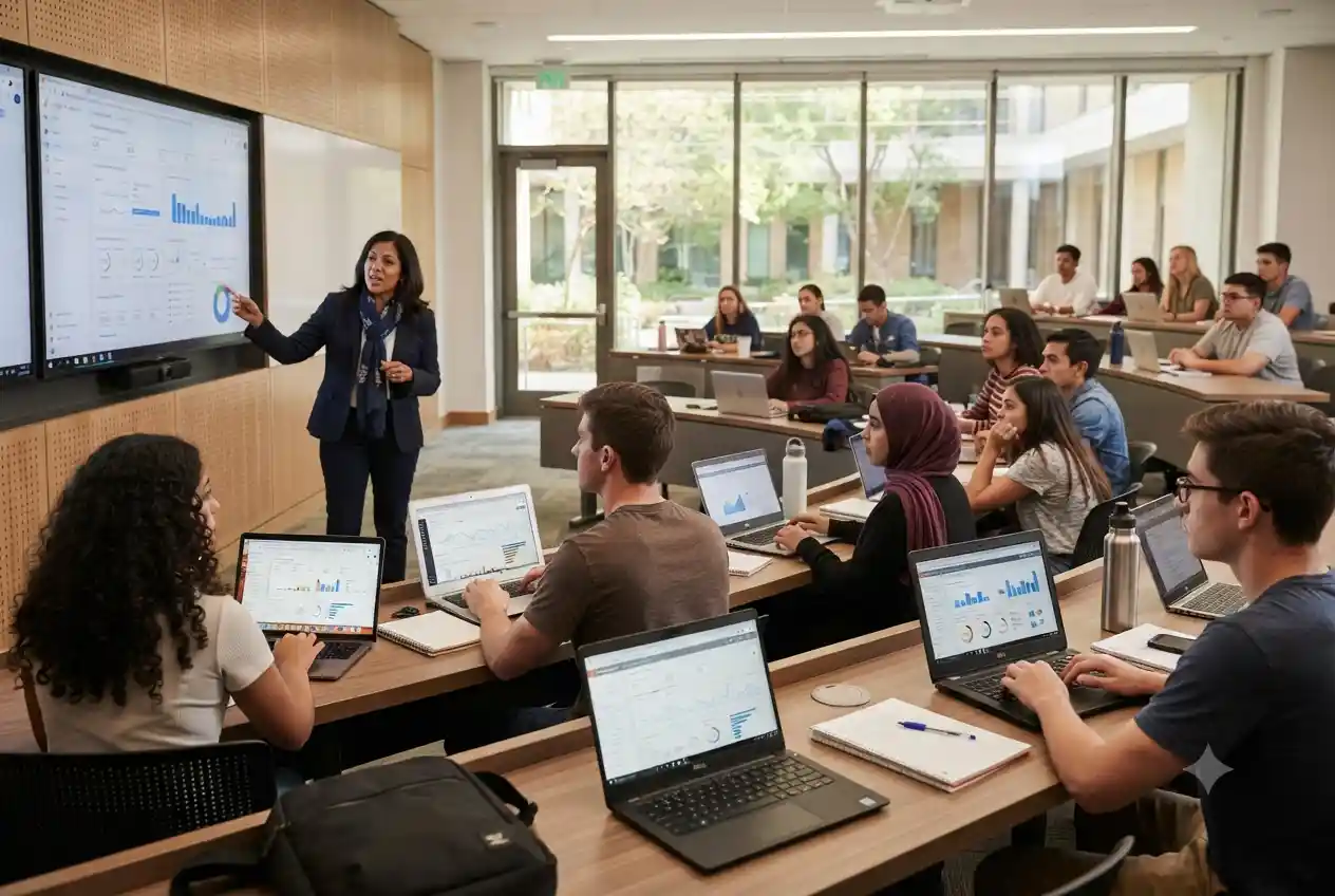 students studying digital marketing in university classroom