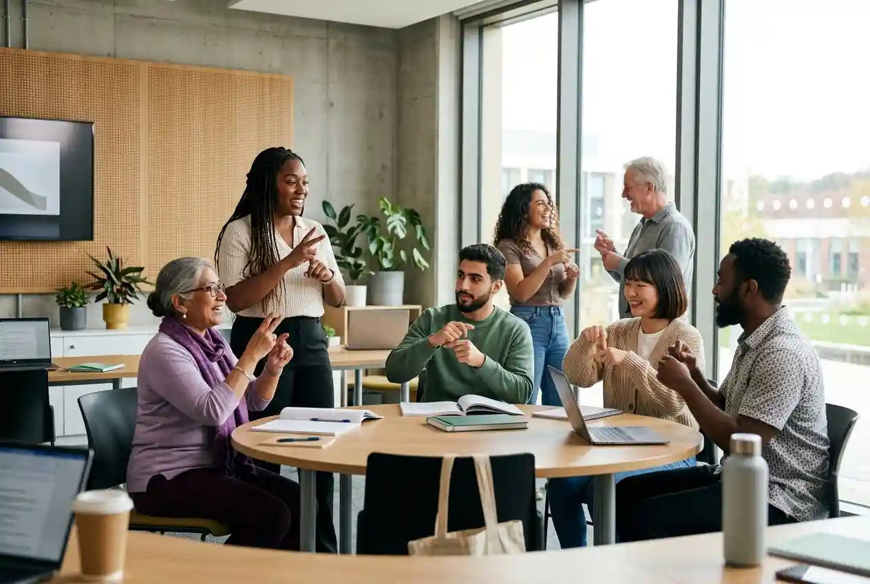 People practicing sign language communication in an inclusive learning environment
