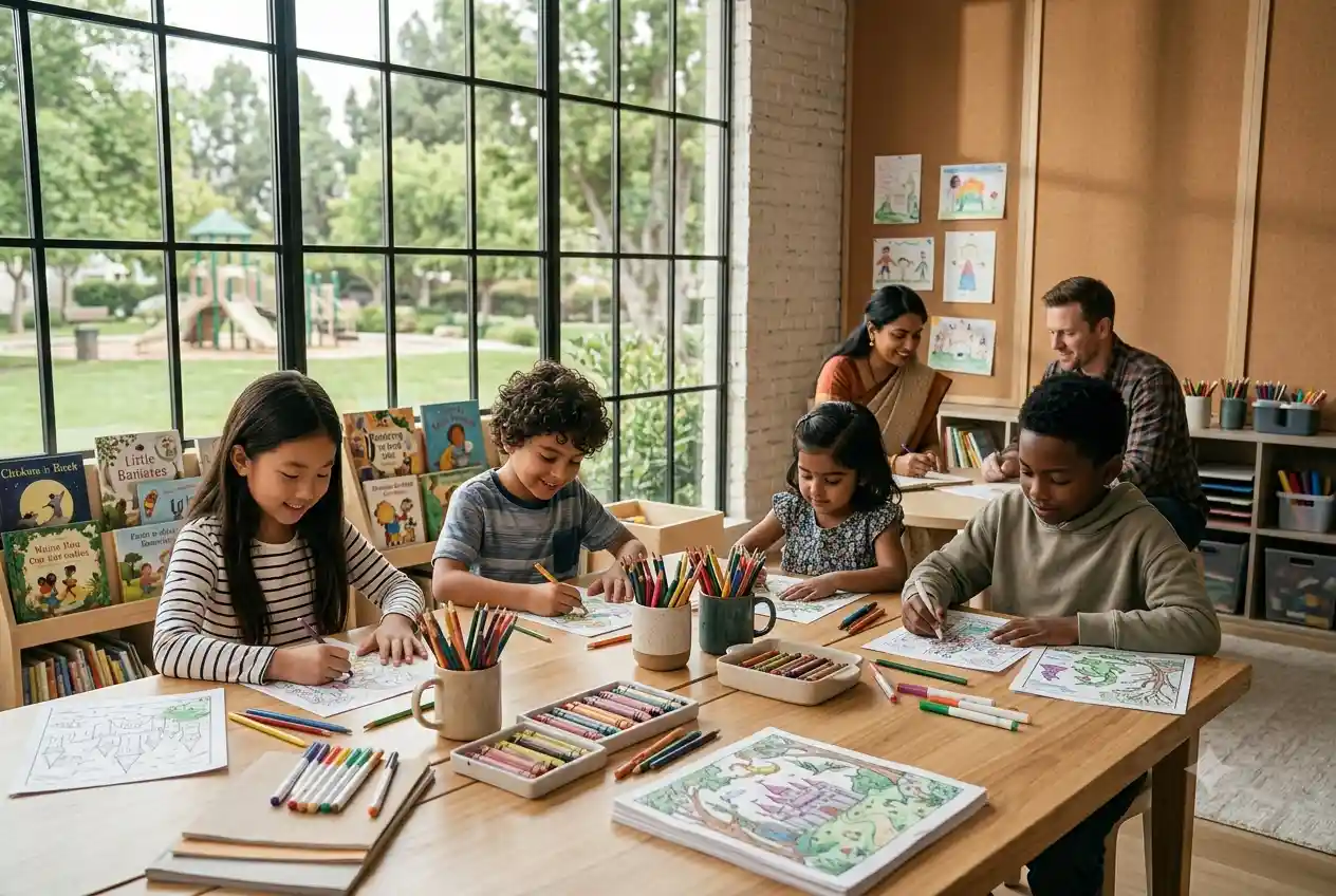 Children enjoying Beauty and Beast themed coloring pages with art supplies