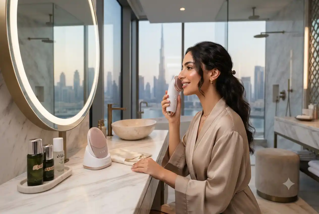 Woman using smart beauty device in modern UAE setting