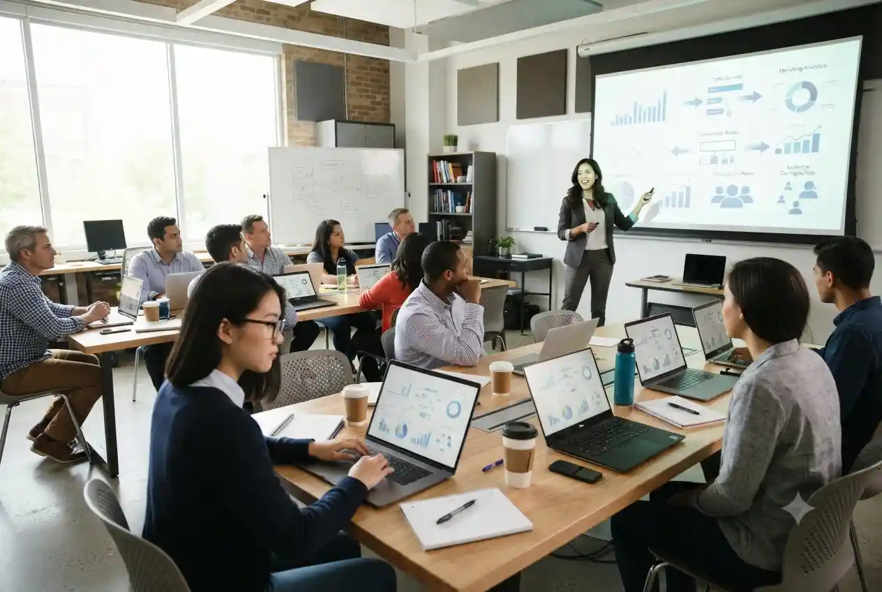 students attending digital marketing course with instructor and laptops