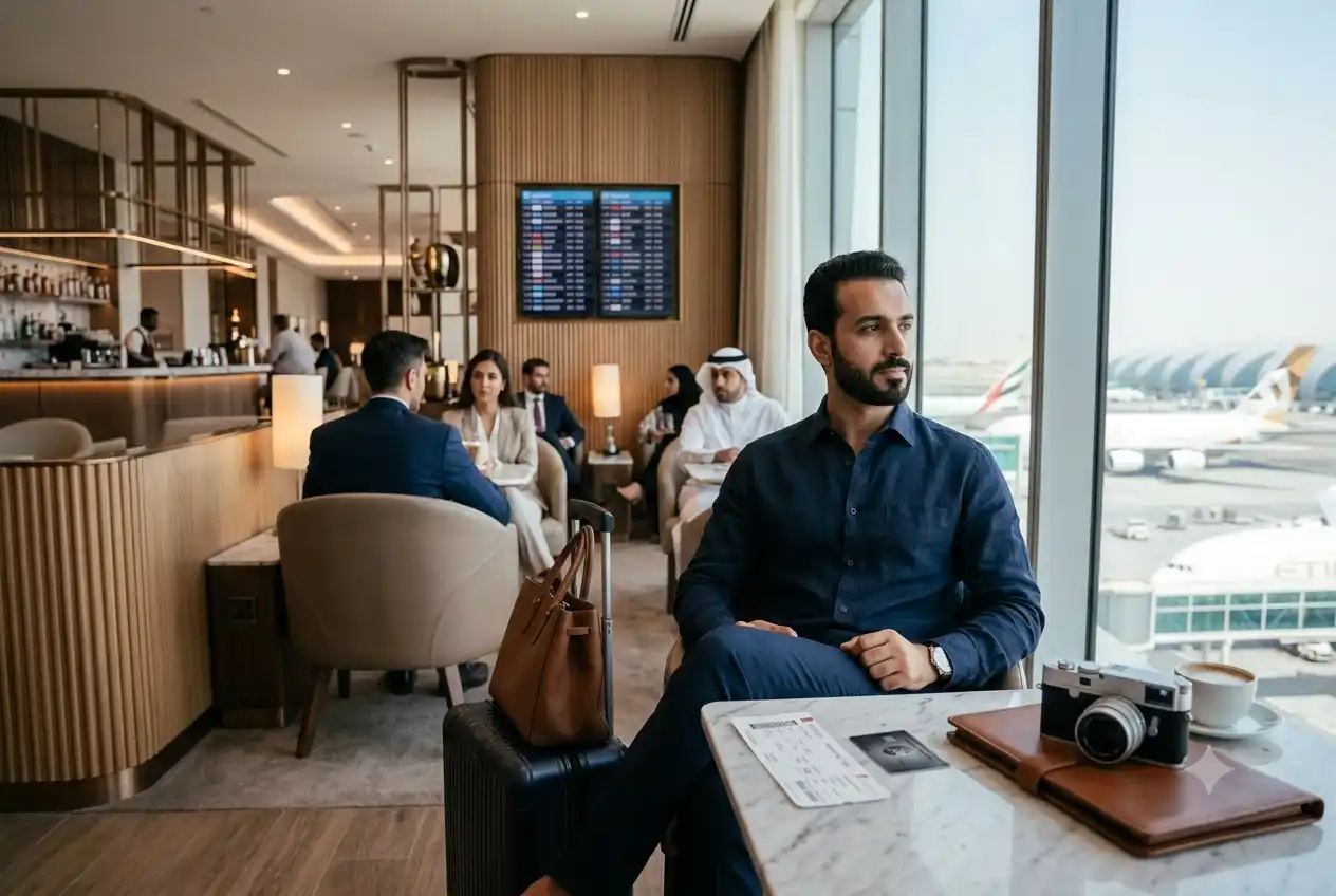 Premium traveler using a travel benefits credit card in an airport lounge