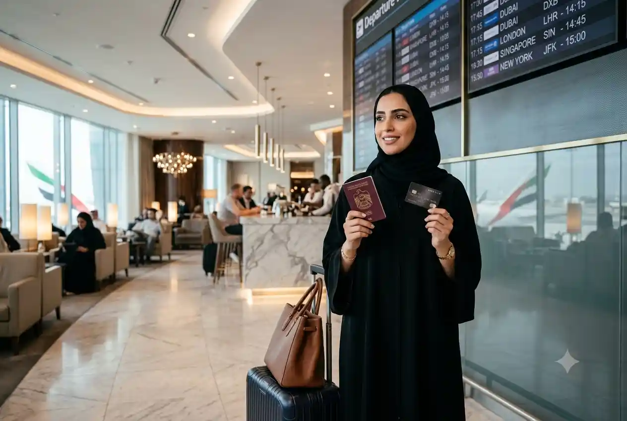UAE traveler using a travel rewards credit card at an international airport