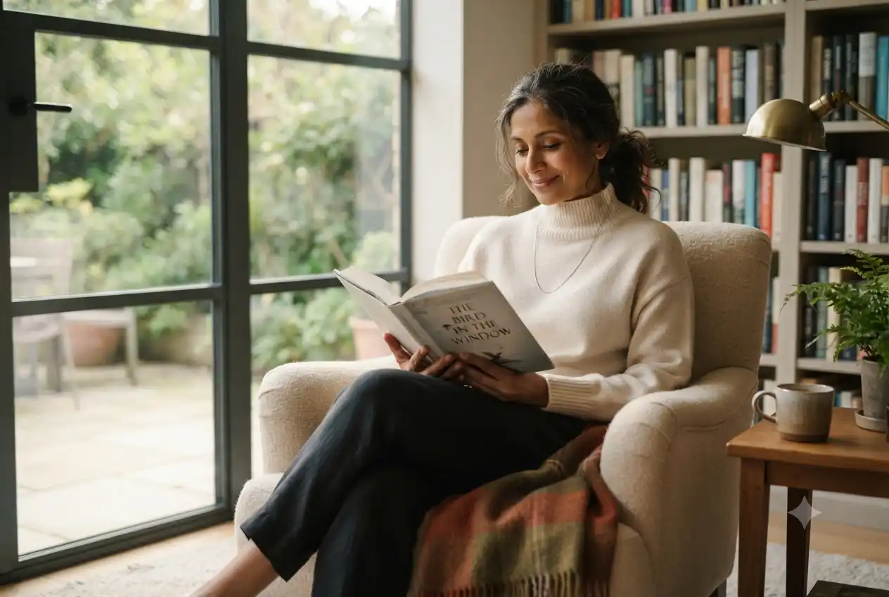 Woman reflecting on inner beauty while reading in a peaceful setting