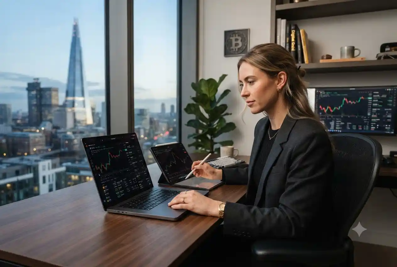 Modern digital finance lifestyle involving cryptocurrency education and financial technology