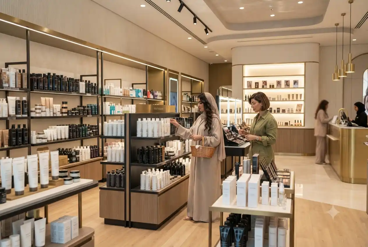 Interior of a modern beauty supply store with salon products