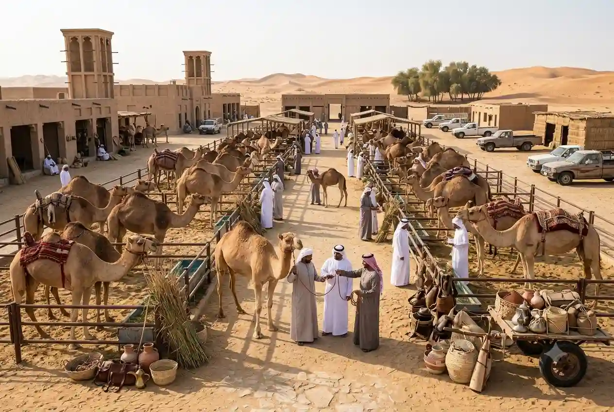 Camels being traded at a traditional camel market in the UAE