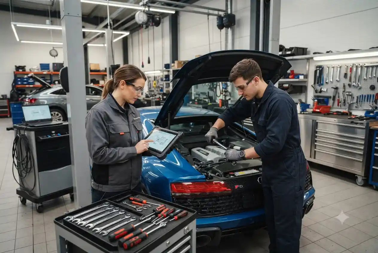 Automotive engineer and technician working on a car in workshop