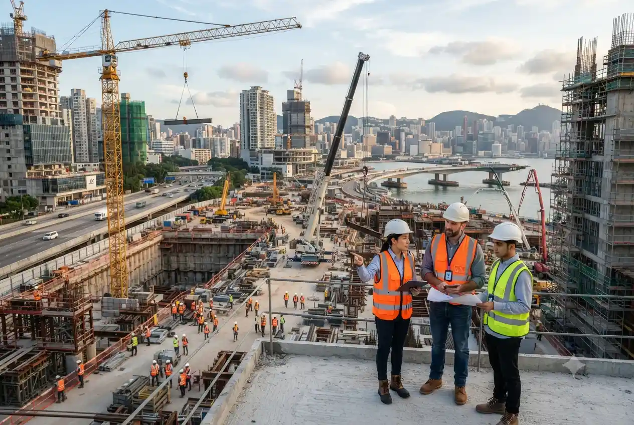 Engineers working on a large infrastructure project with cranes