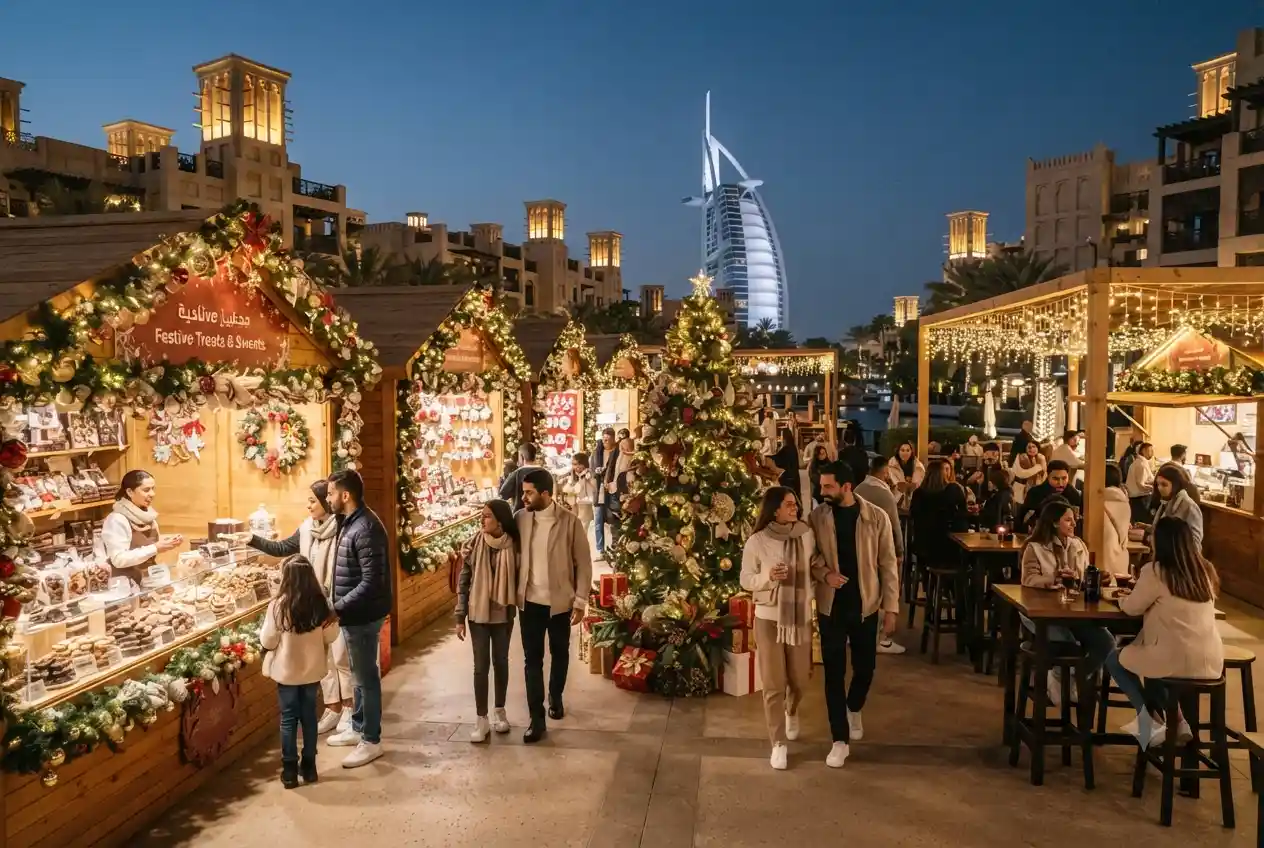 Visitors enjoying shopping and festive attractions at a Dubai Christmas market