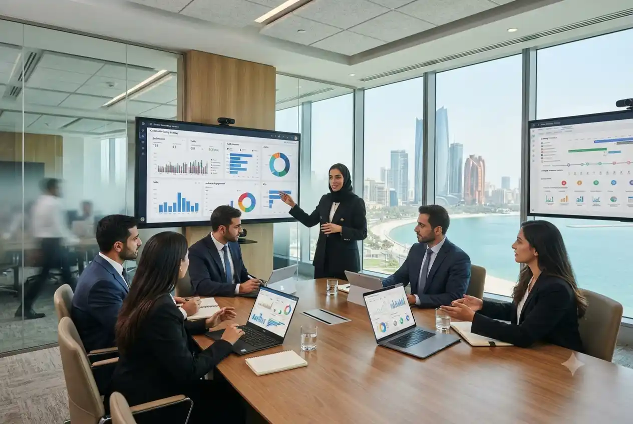 Abu Dhabi marketing professionals planning content marketing campaigns in a corporate office