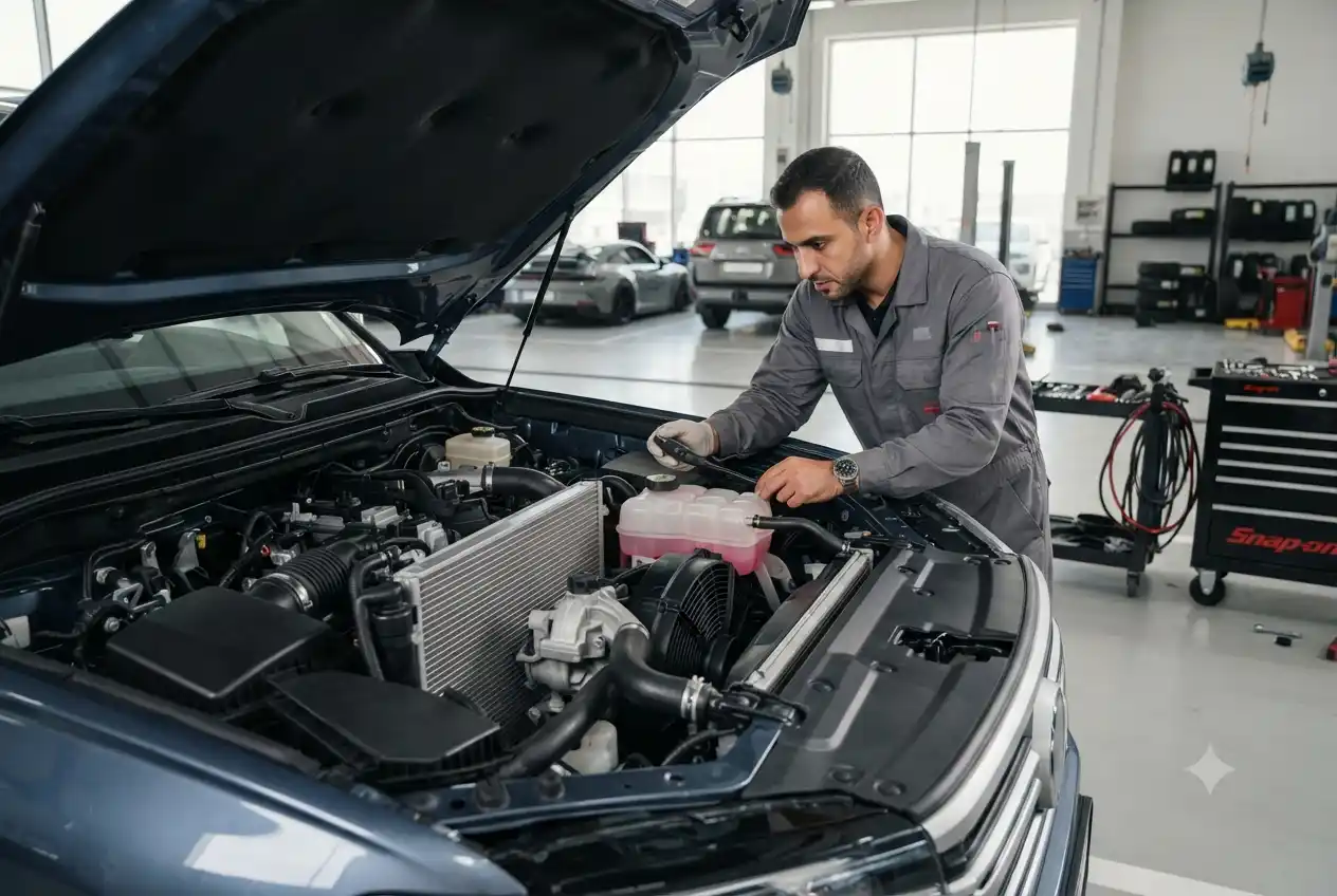Modern automobile engine showing radiator, coolant reservoir, and cooling system components