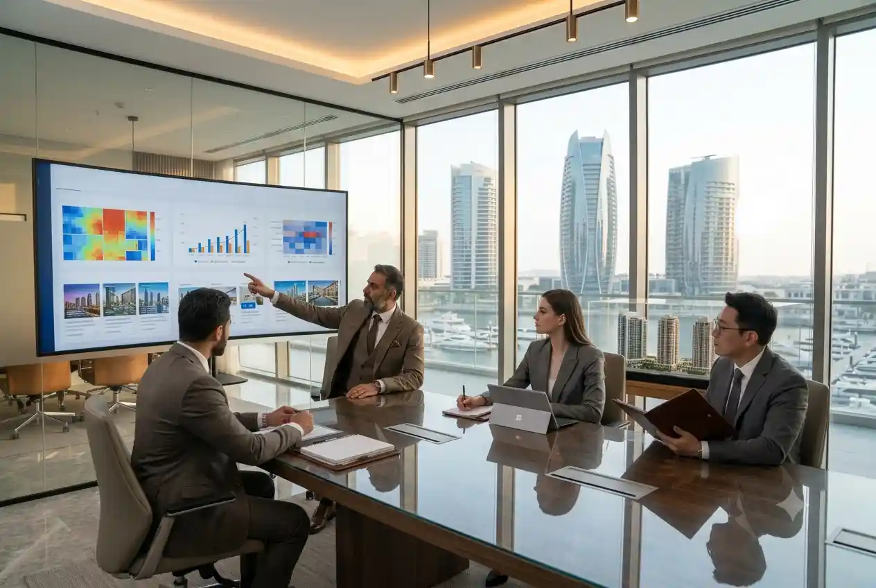 Professional real estate consultants discussing commercial and residential property opportunities in the UAE