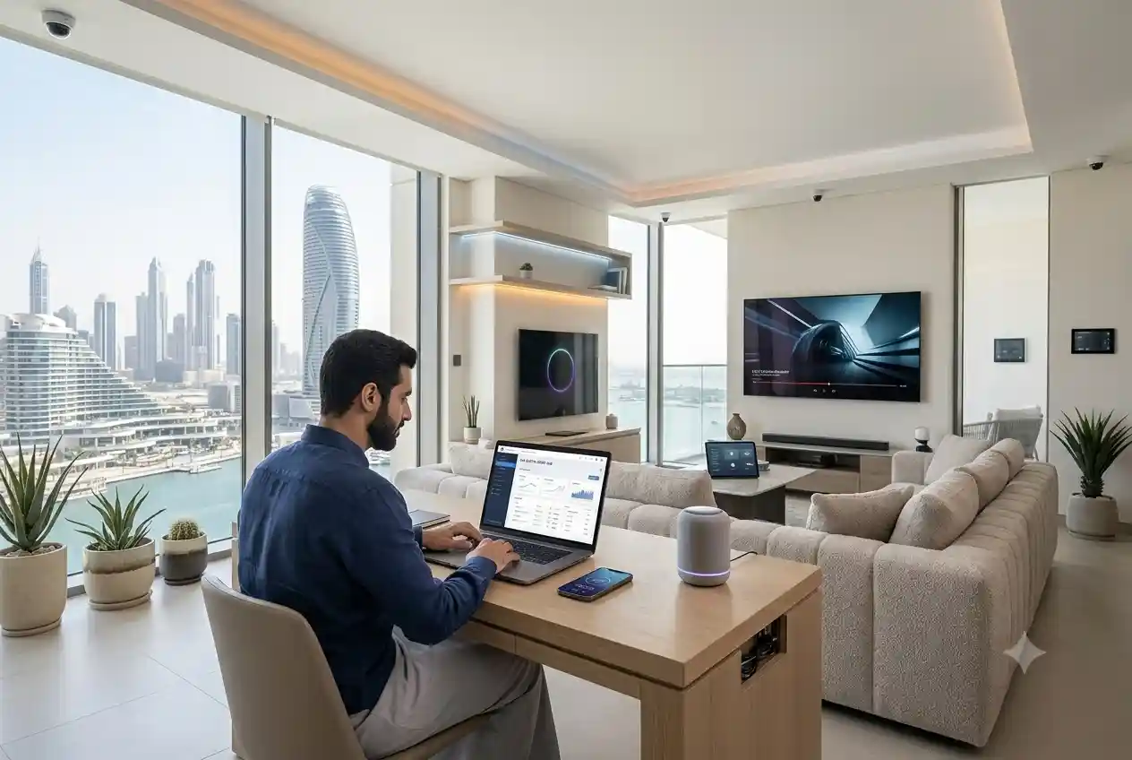 Modern UAE resident using connected technology devices in a smart home environment