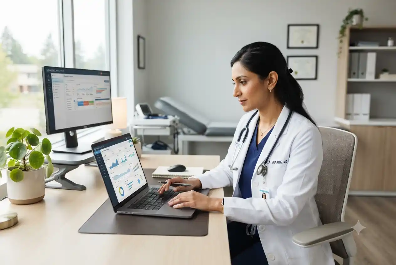 doctor using laptop analysing digital marketing data in clinic