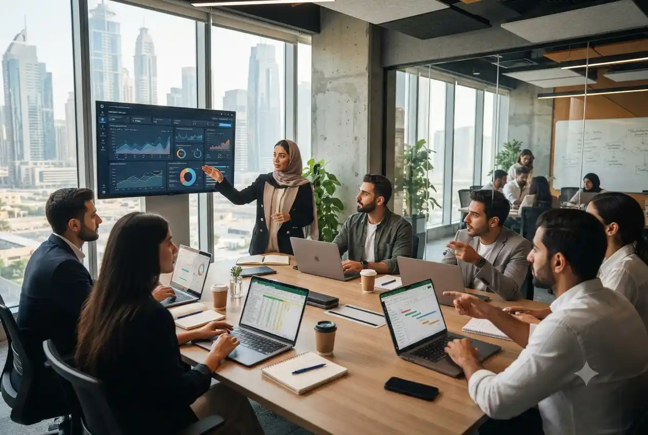 UAE startup founders working with a digital marketing agency to plan business growth