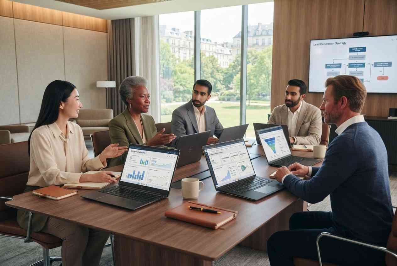 Marketing professionals planning lead generation campaigns in a modern agency office.