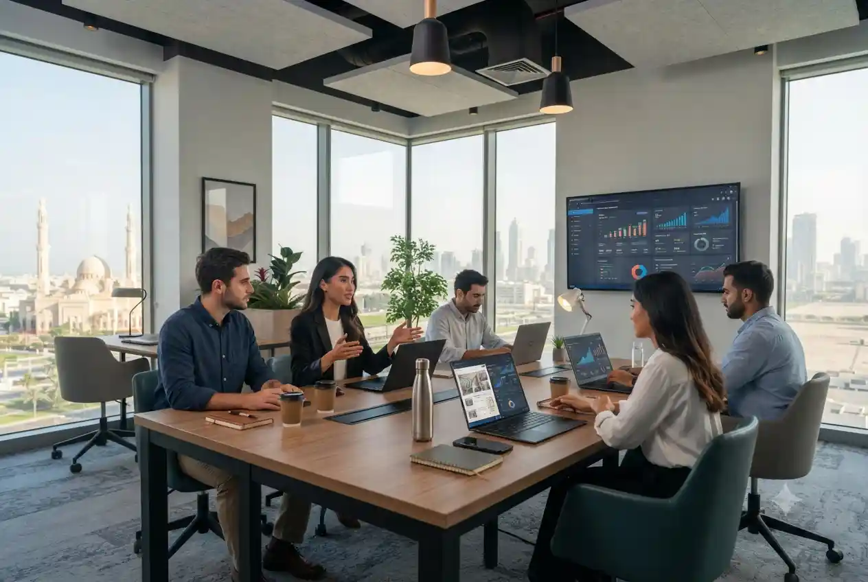 Team working in a digital marketing agency office in Sharjah