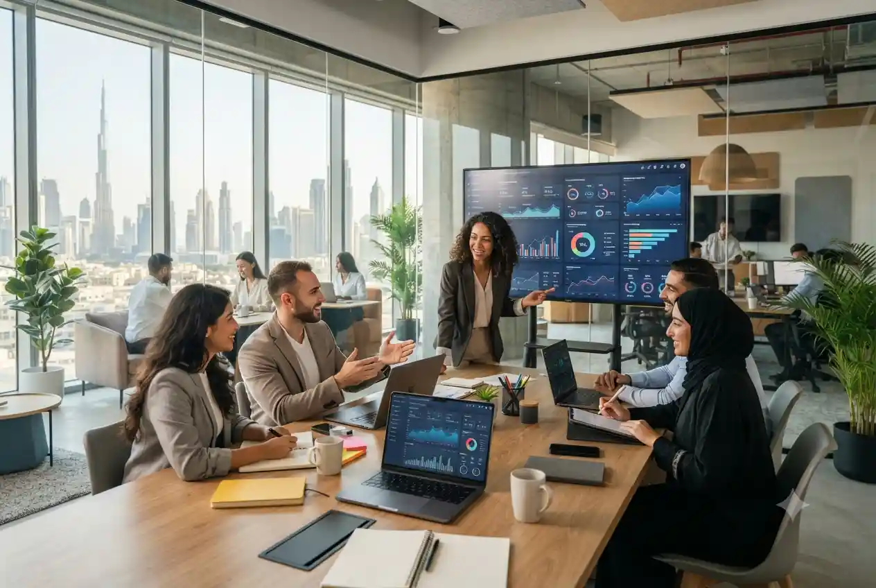 Startup team working with a digital marketing agency in a modern UAE office