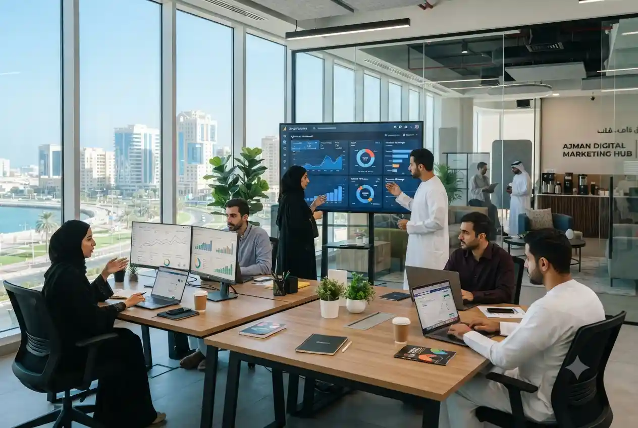 digital marketing team working in Ajman UAE office environment