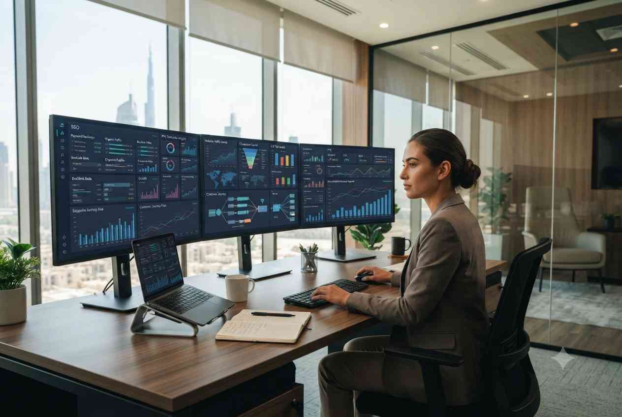 Marketing analyst reviewing digital marketing analytics dashboards in a modern Dubai office.