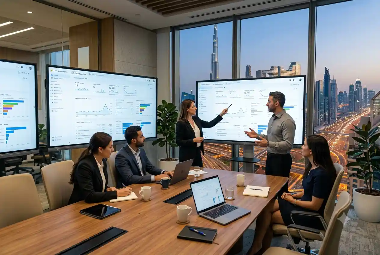 Marketing professionals analyzing digital marketing campaign performance in a Dubai office