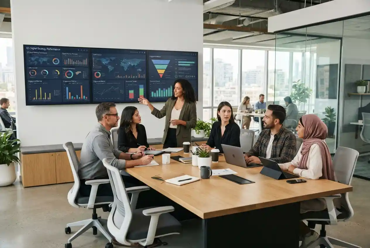 marketing team reviewing digital campaign analytics on screen