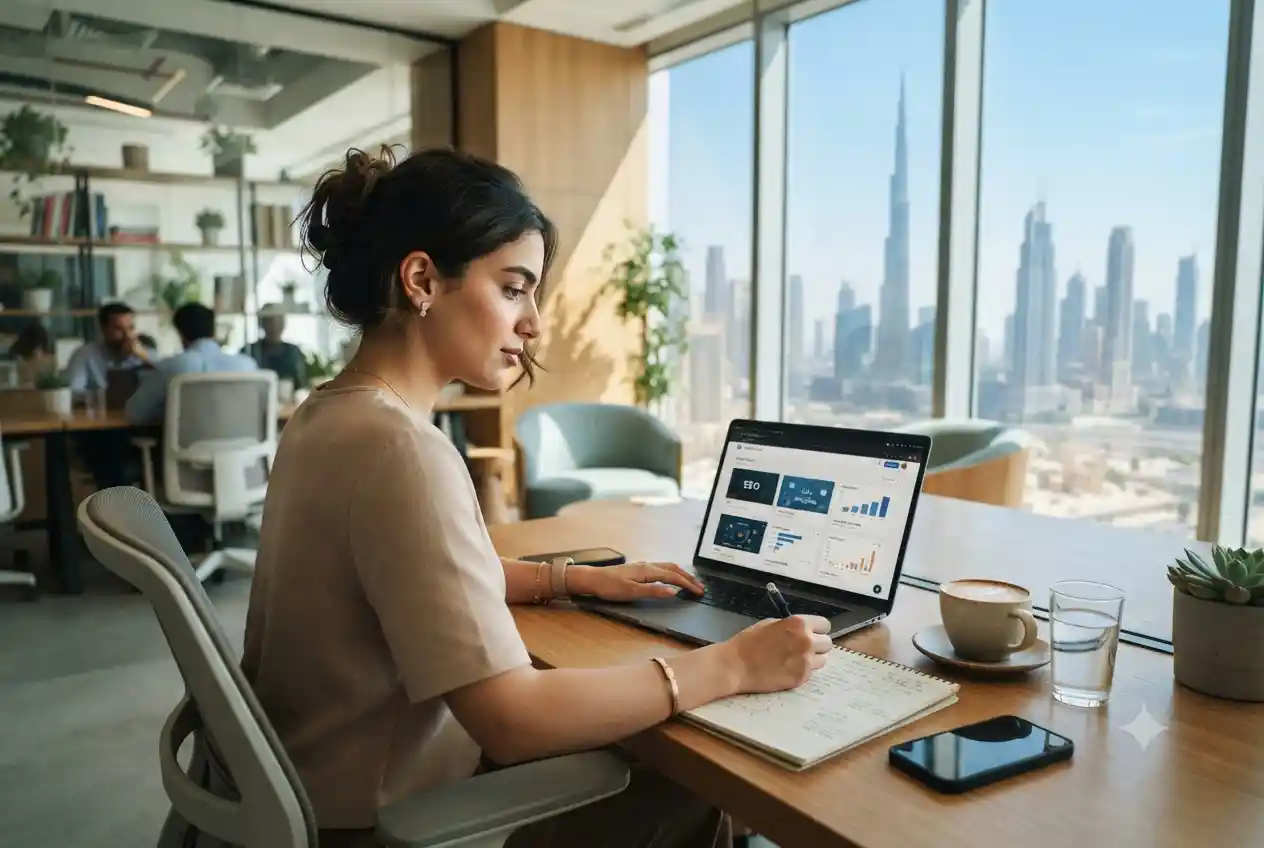 student in UAE taking digital marketing classes online on laptop