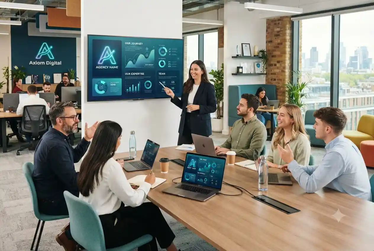 digital marketing company profile displayed during business meeting
