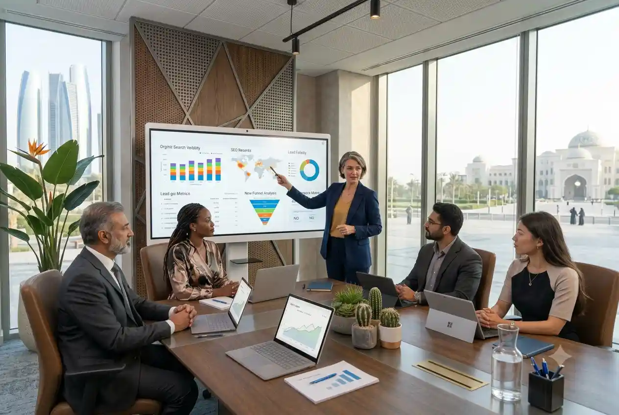 Digital marketing consultant reviewing growth strategy and marketing performance with business leaders