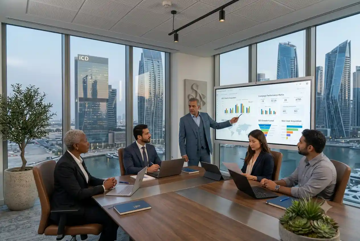 Digital marketing consultant presenting growth strategy to business leaders in Dubai