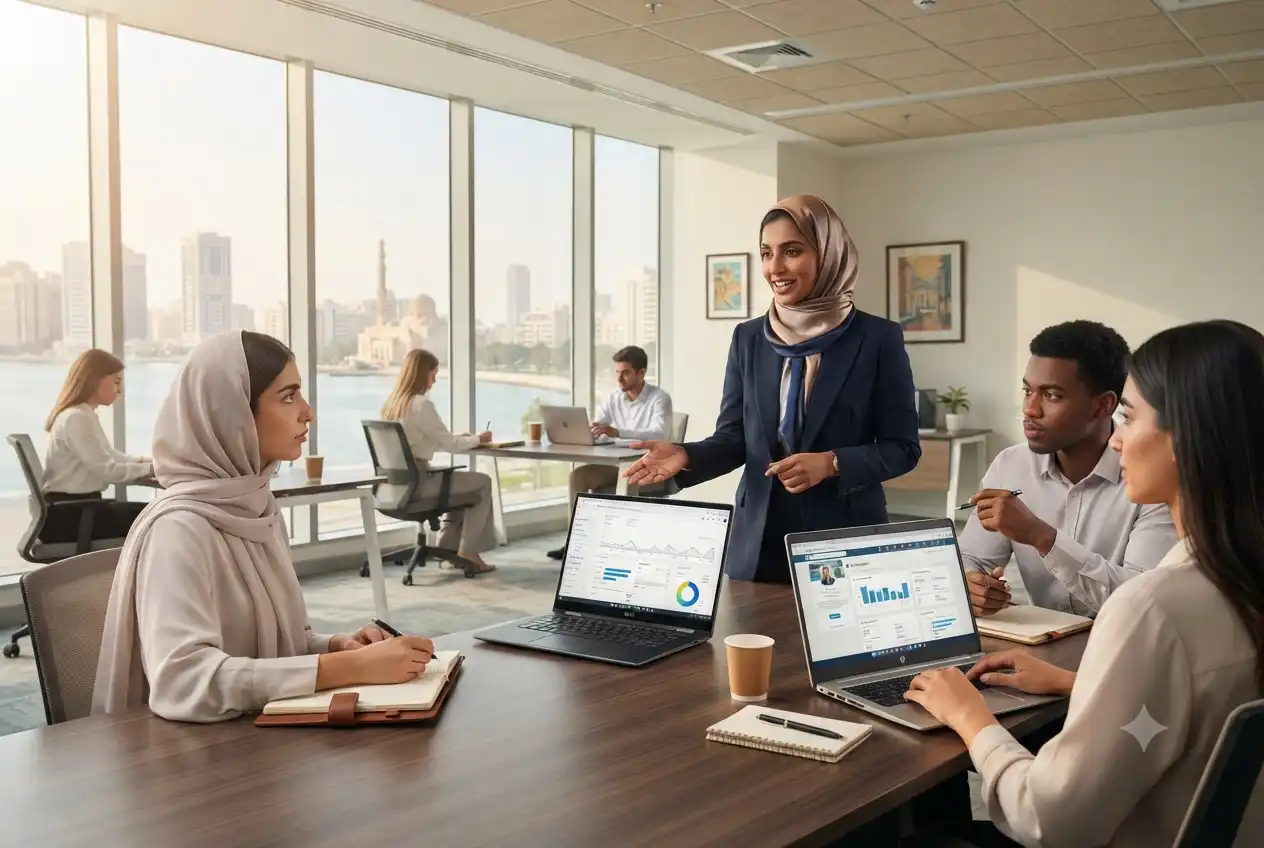 Students attending digital marketing training in Sharjah classroom with laptops