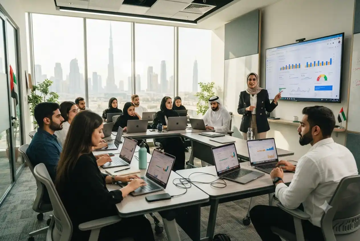 students learning digital marketing course in UAE classroom with laptops