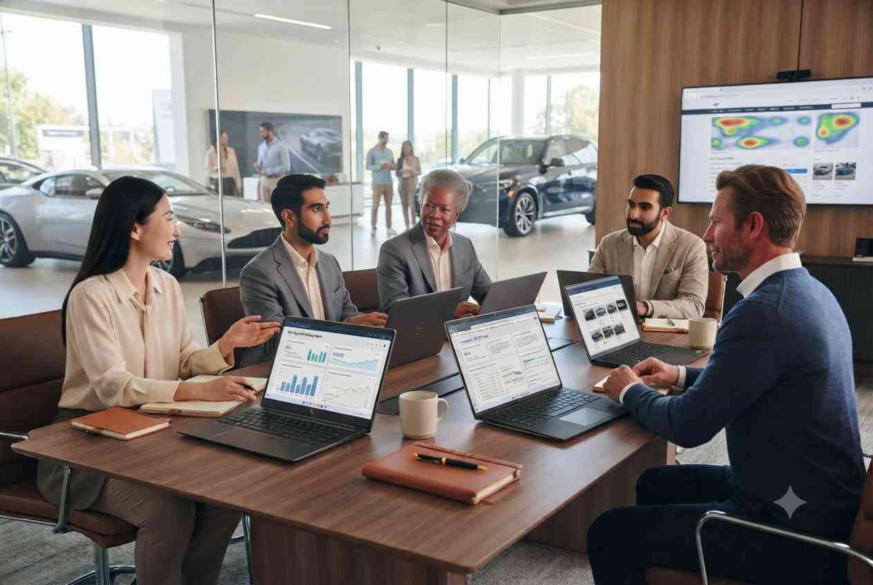 Automotive marketing professionals reviewing digital marketing campaigns in a modern car dealership.