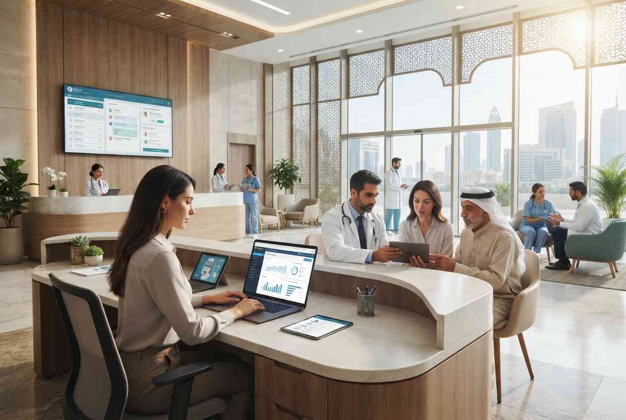 Healthcare professionals and marketing team managing digital communication in a modern UAE hospital.