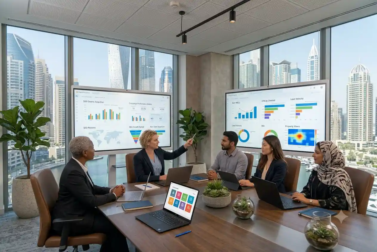 Real estate marketing professionals analyzing digital lead generation strategies for property companies