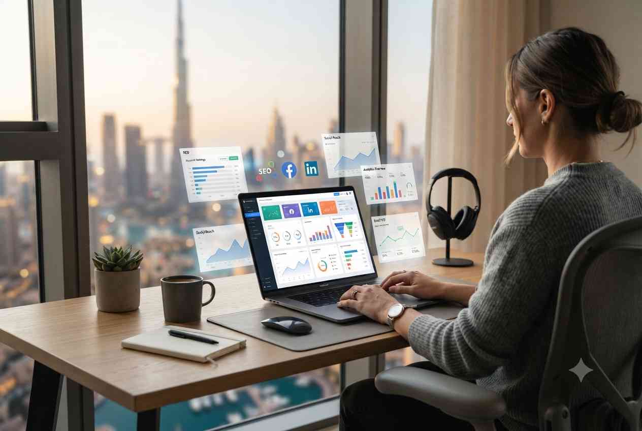 digital marketing icons displayed on laptop dashboard in modern office UAE
