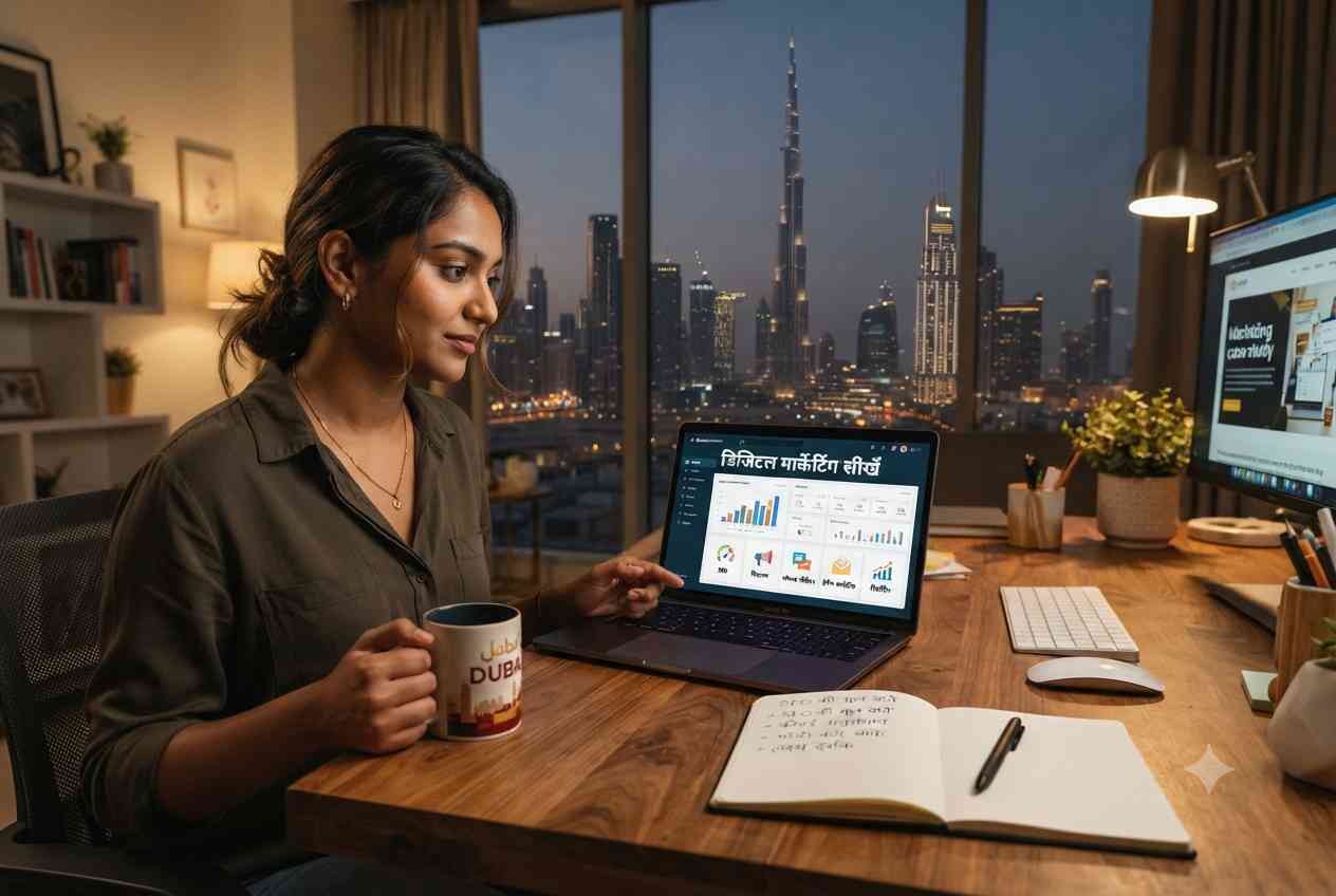person learning digital marketing in Hindi on laptop in UAE workspace