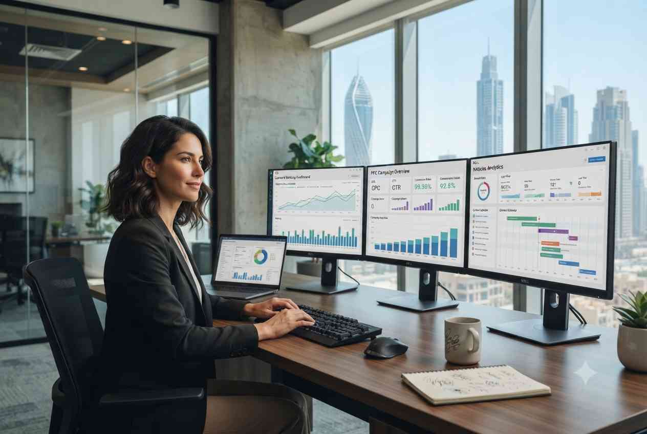 Digital marketing professional reviewing online marketing performance in a modern Dubai office.