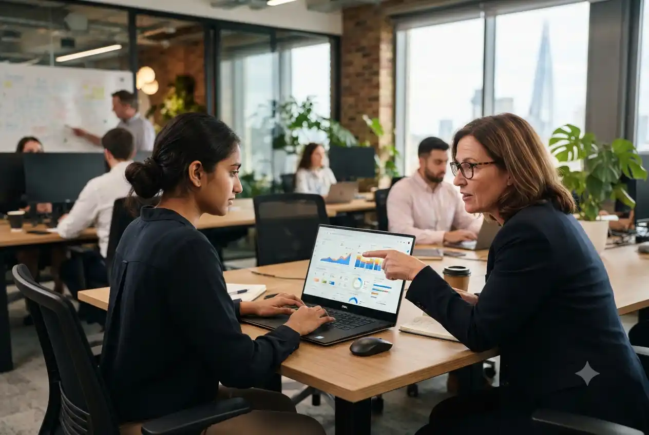 digital marketing intern working on laptop with mentor guidance