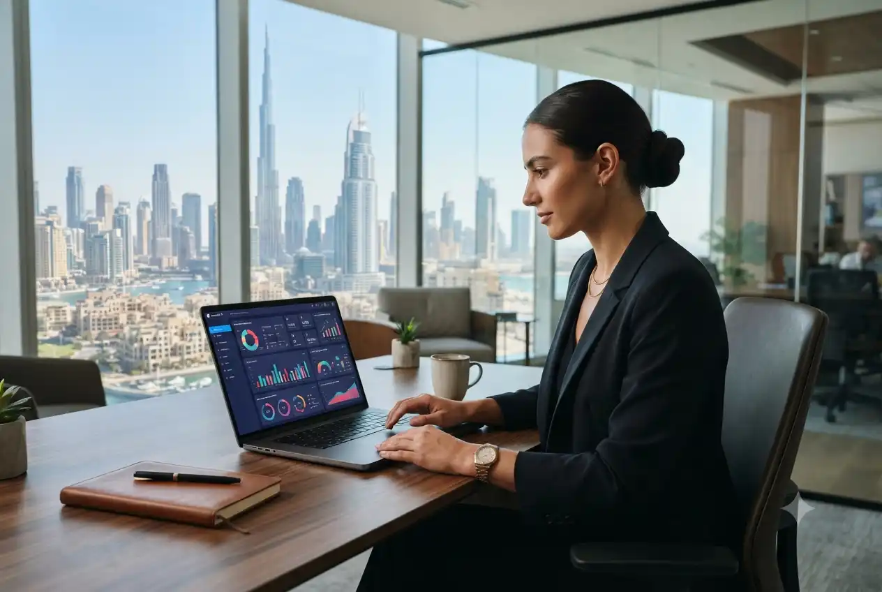 Business professional setting up digital marketing license in Dubai office environment