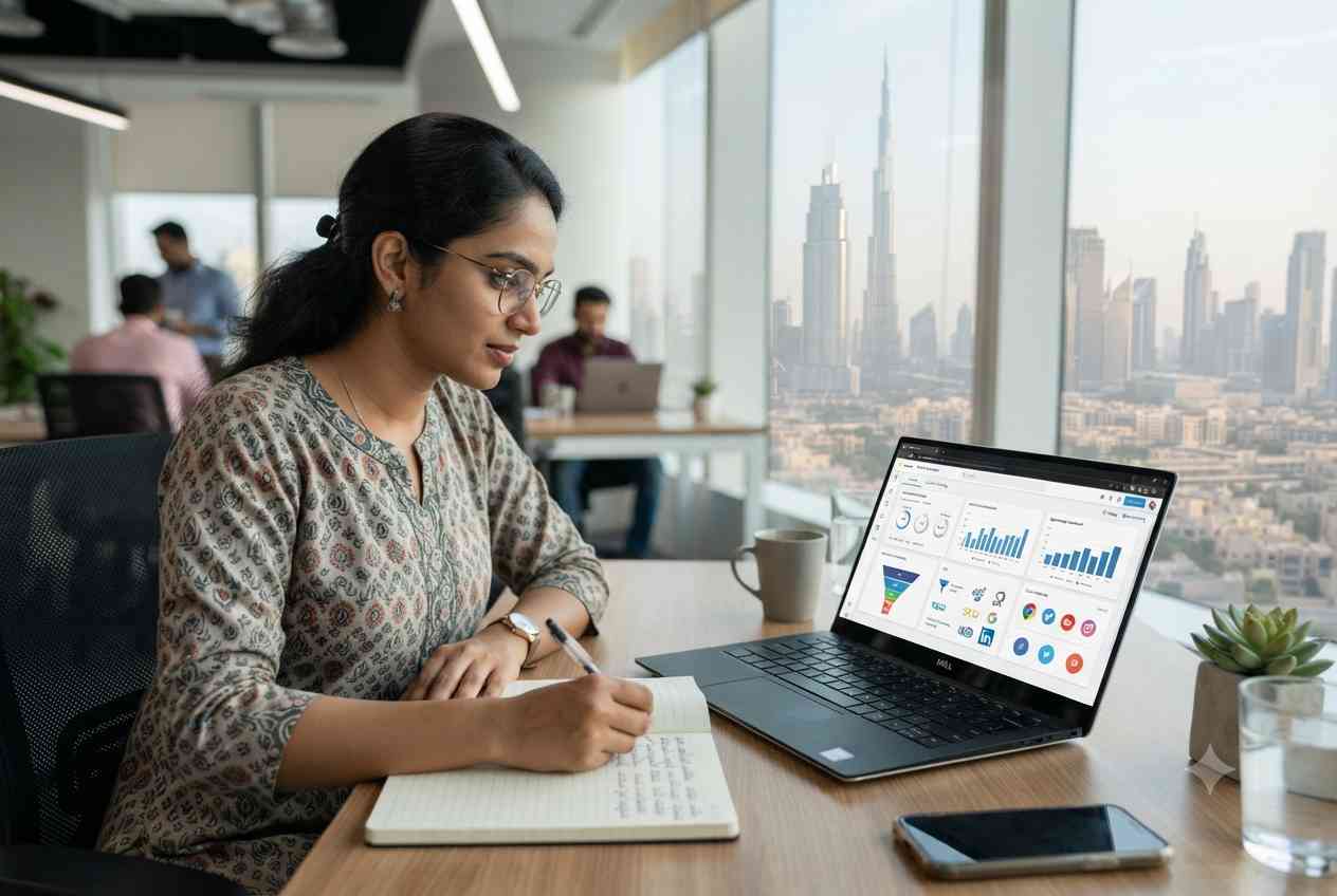 Malayali person learning digital marketing Malayalam on laptop in UAE