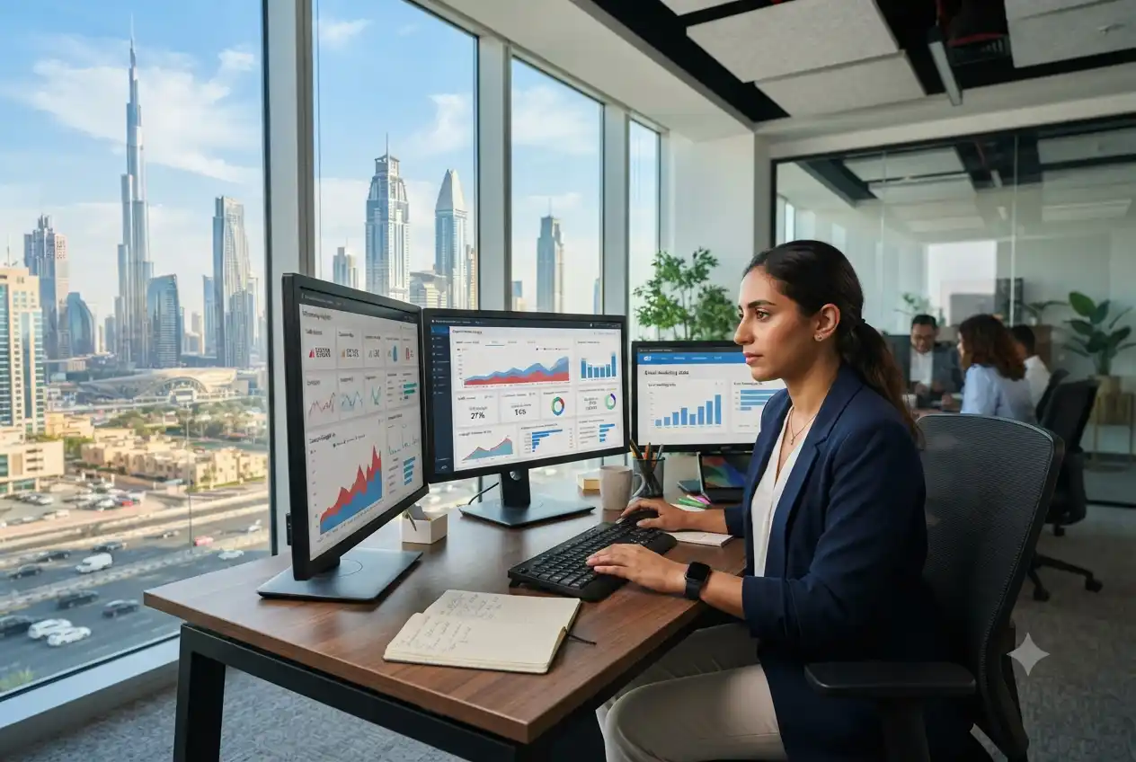 digital marketing manager analysing campaigns in Dubai office