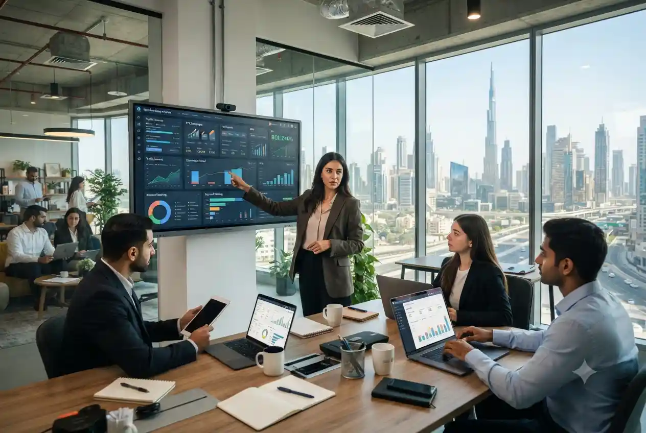 Digital marketing manager analyzing campaign performance in a modern UAE office
