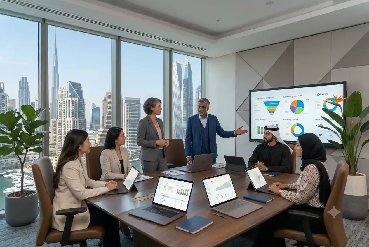 Business professionals reviewing digital marketing package options and growth strategies in Dubai