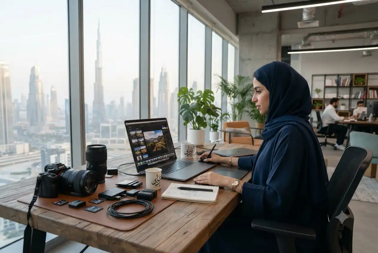 designer creating digital marketing photos on laptop in modern UAE office