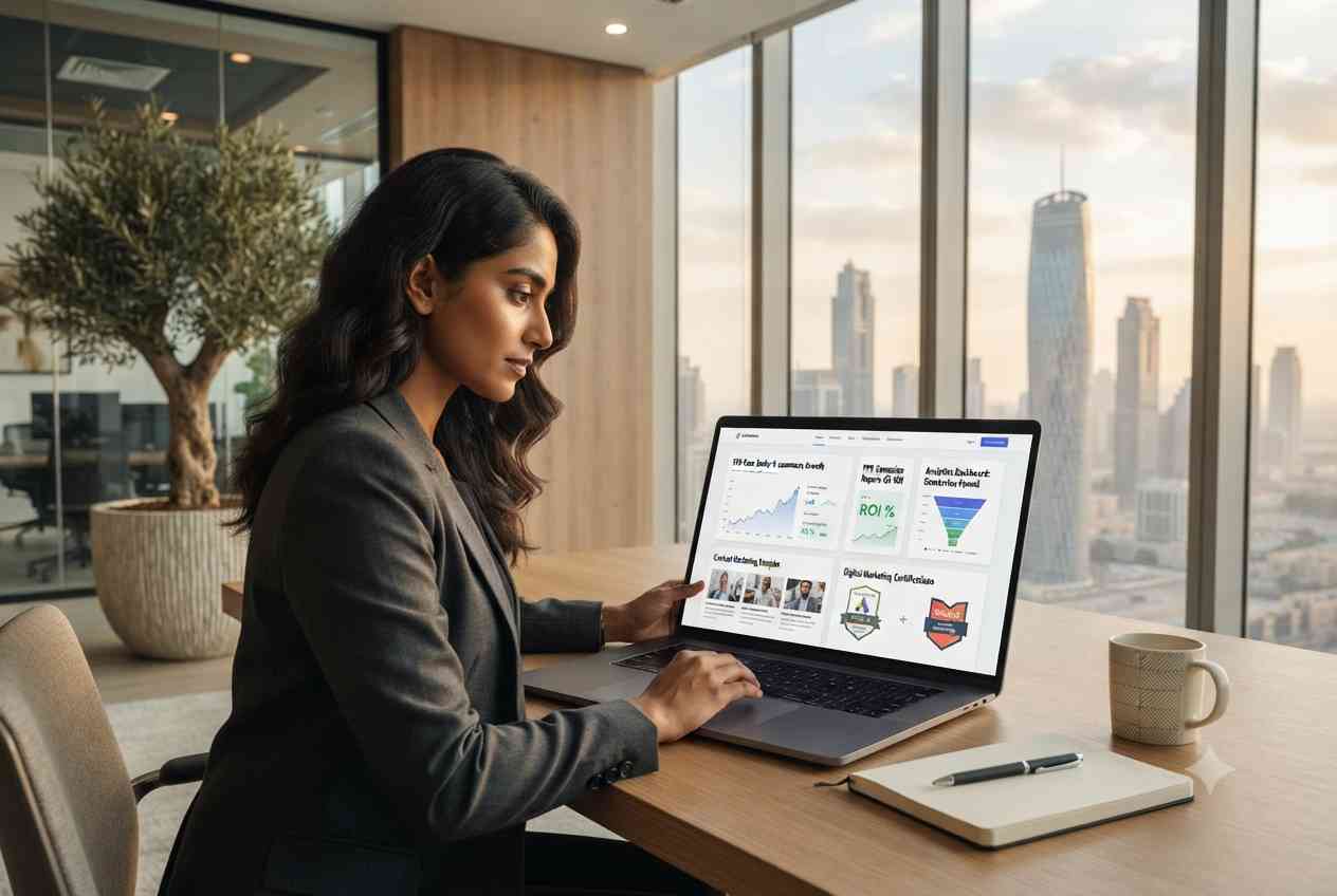 Digital marketing professional creating an online portfolio with campaign case studies and analytics.