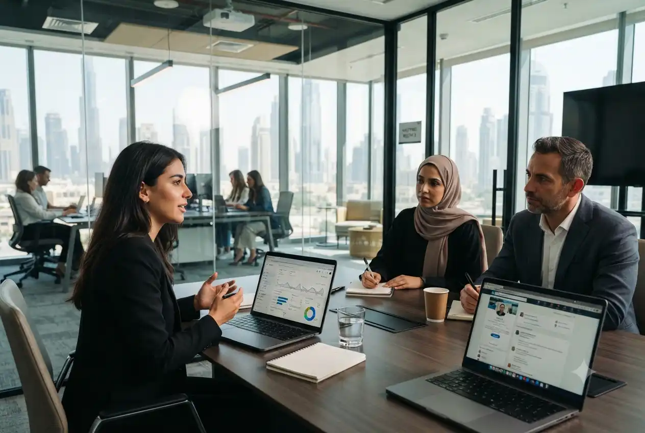 HR team in Dubai interviewing digital marketing candidates in a modern office
