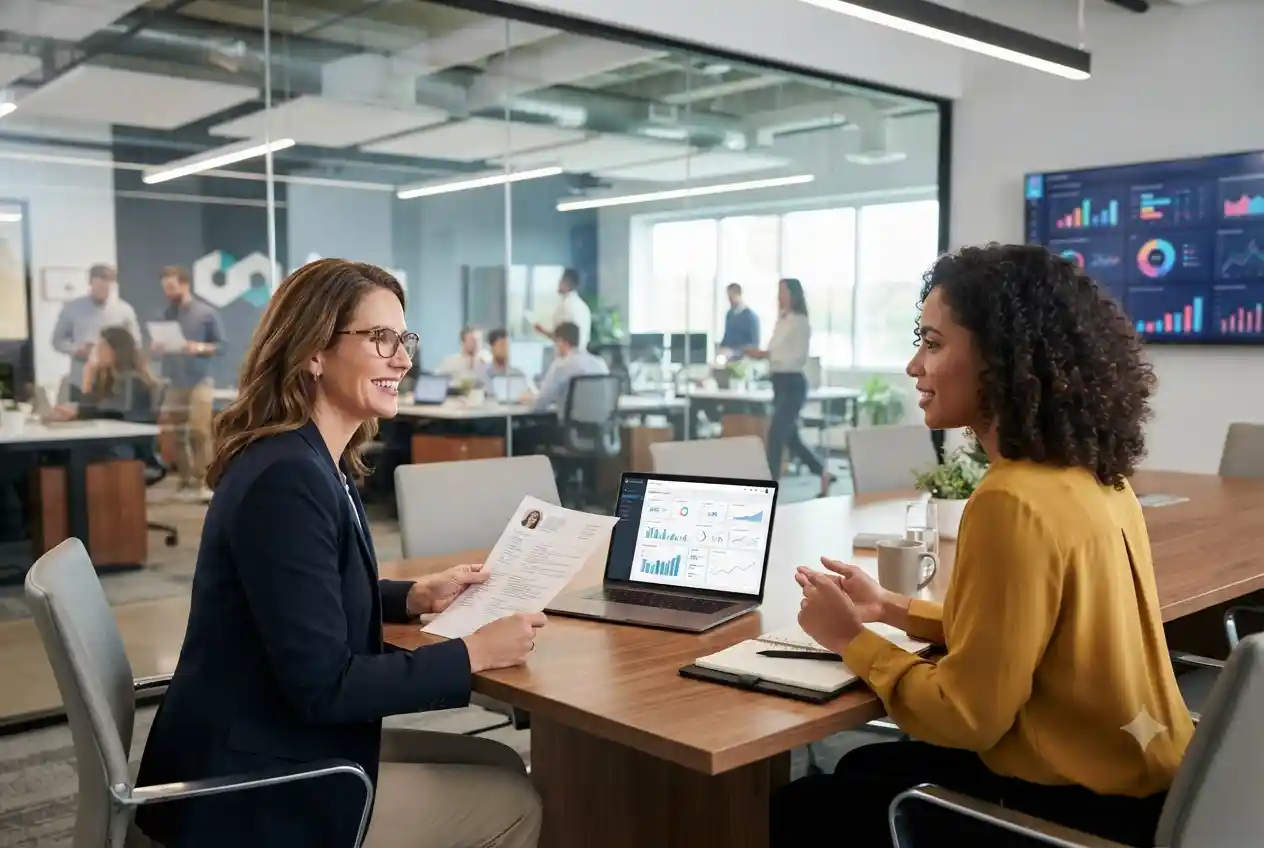 hiring manager interviewing digital marketing candidate in office